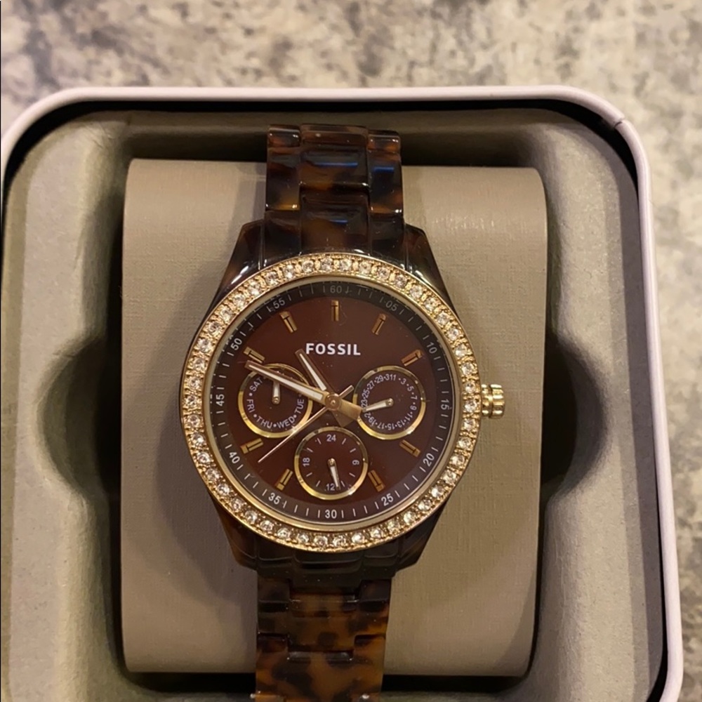 Fossil tortoise and gold ladies watch